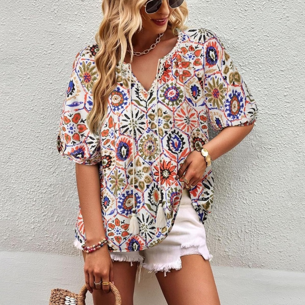 Boho Mosaic Floral Blouse L Puff Sleeve Tassel Tie Top